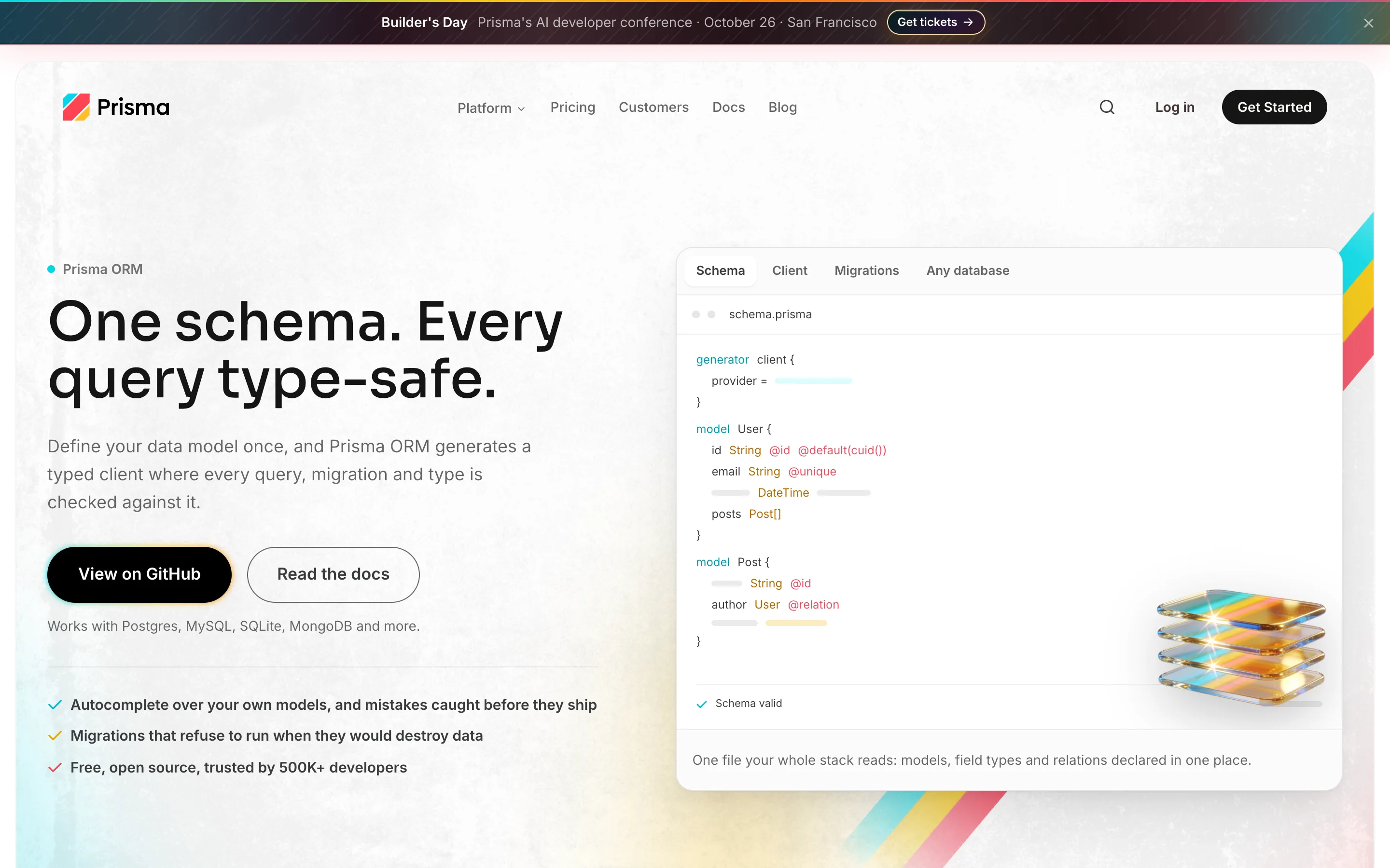 Prisma ORM page headed "One schema. Every query type-safe." with a bullet reading "Migrations that refuse to run when they would destroy data"