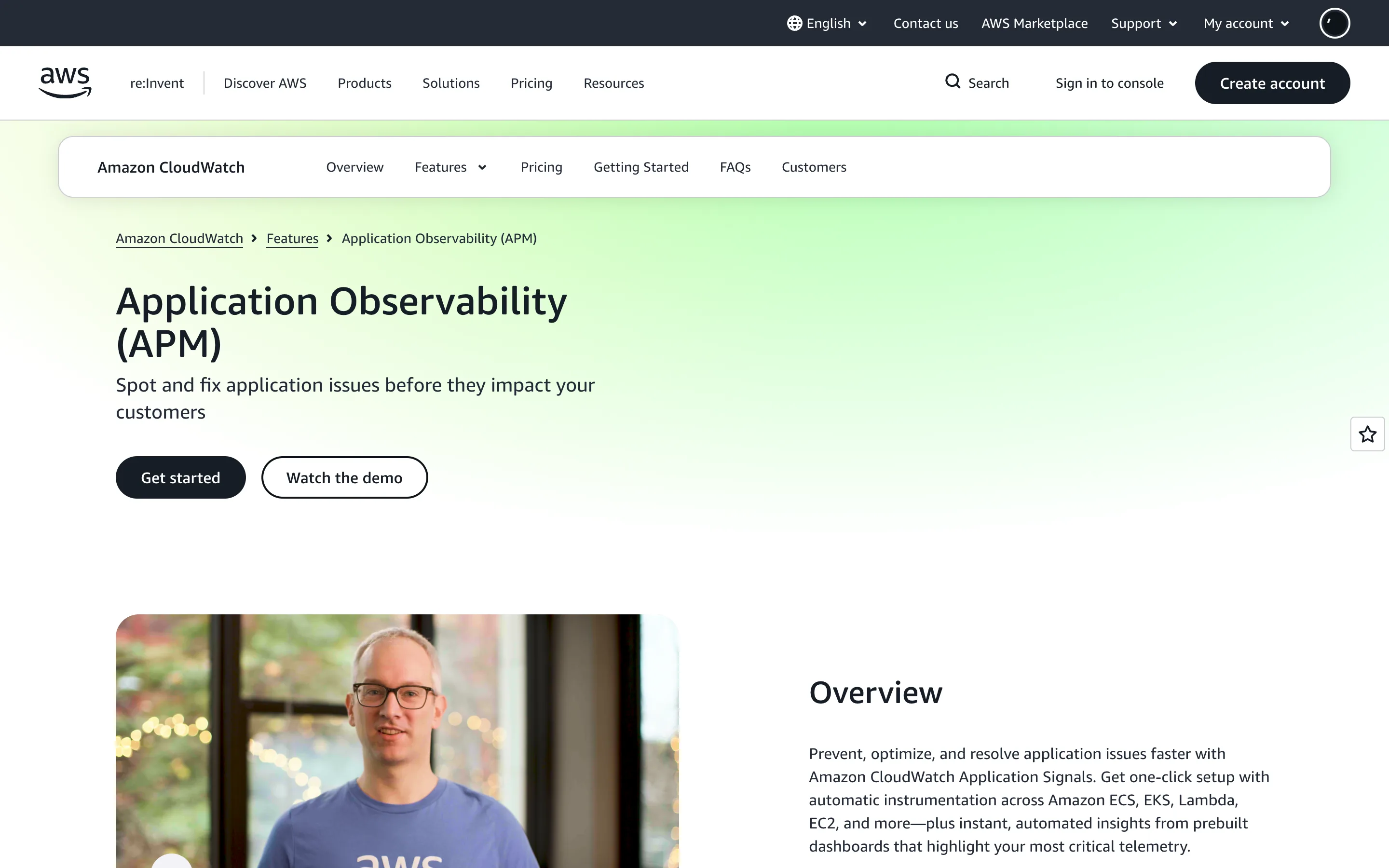 Amazon CloudWatch Application Observability (APM) page with the tagline "Spot and fix application issues before they impact your customers"