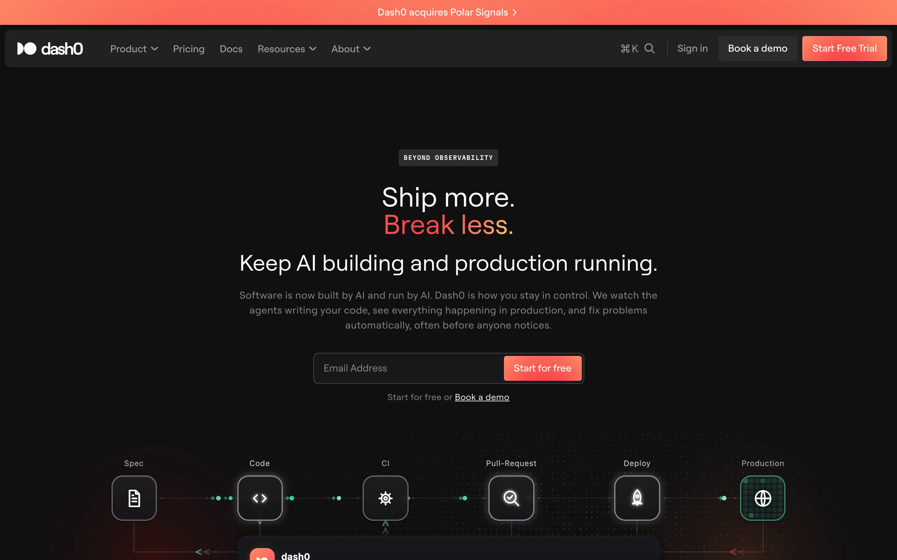 Dash0 homepage headlined "Ship more. Break less." with an email signup field and a Spec, Code, CI, Pull-Request, Deploy, Production pipeline diagram