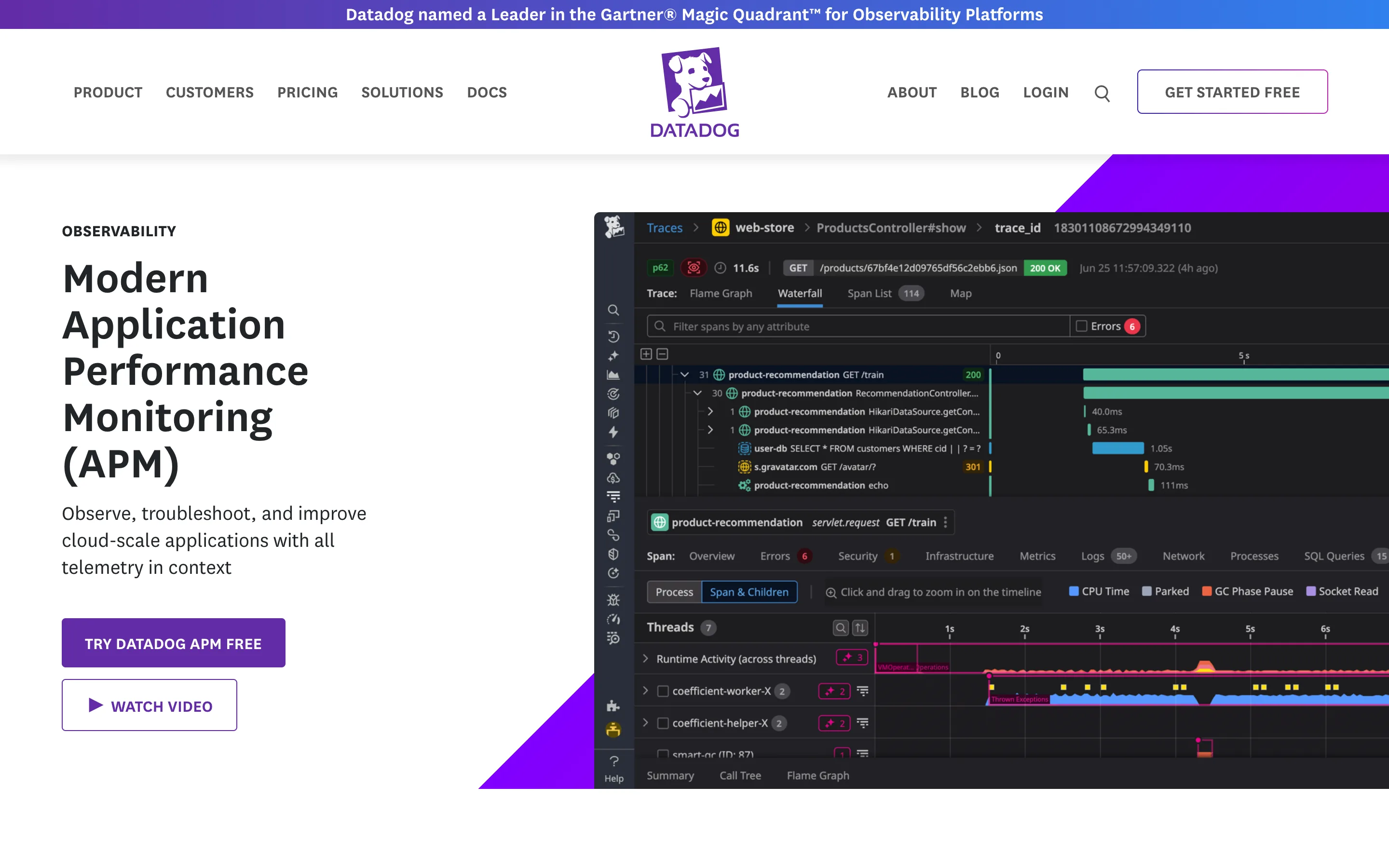 Datadog APM page headlined "Modern Application Performance Monitoring (APM)" with a trace waterfall for a product-recommendation service beside it
