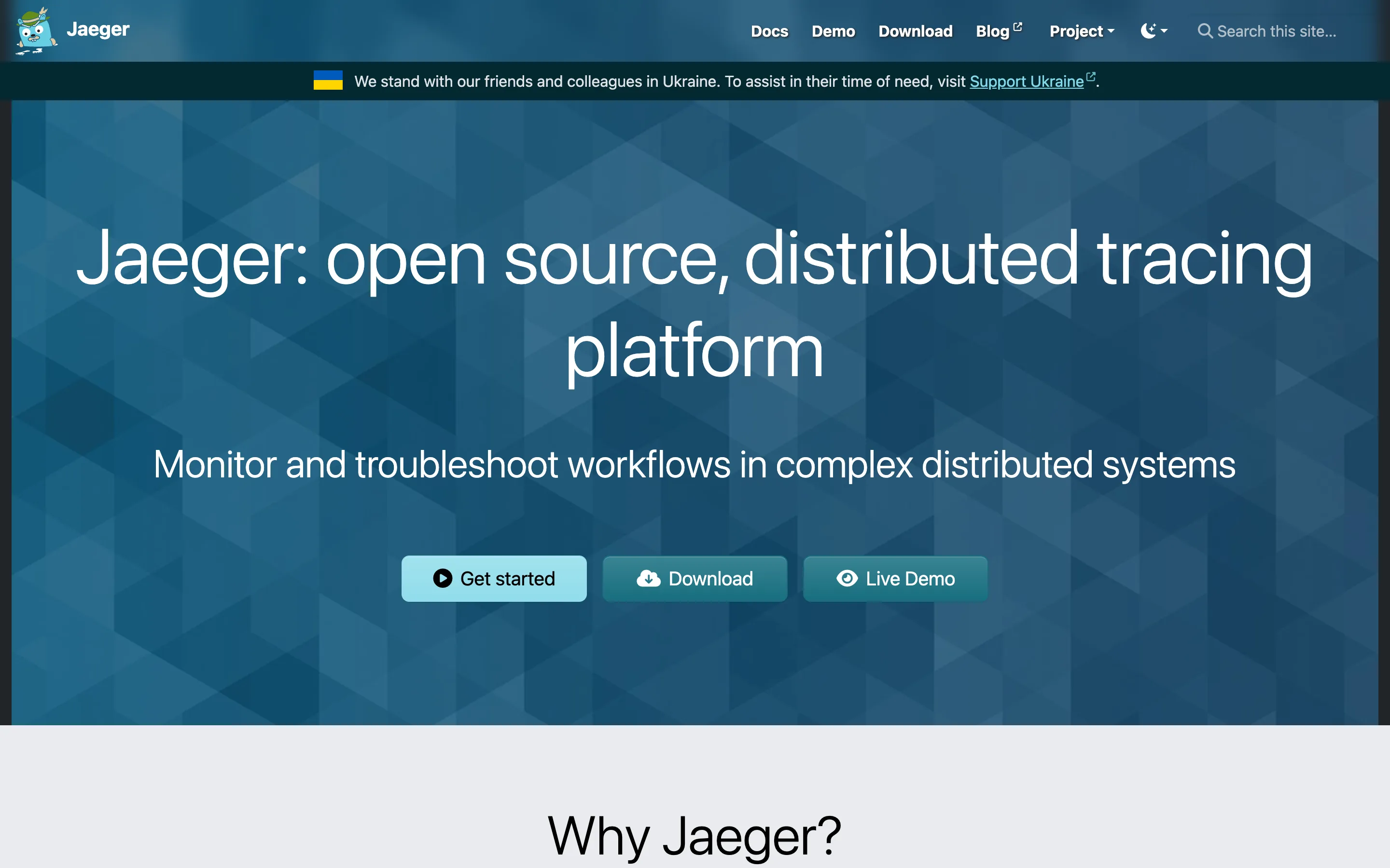 Jaeger homepage with the headline "Jaeger: open source, distributed tracing platform" and Get started, Download and Live Demo buttons
