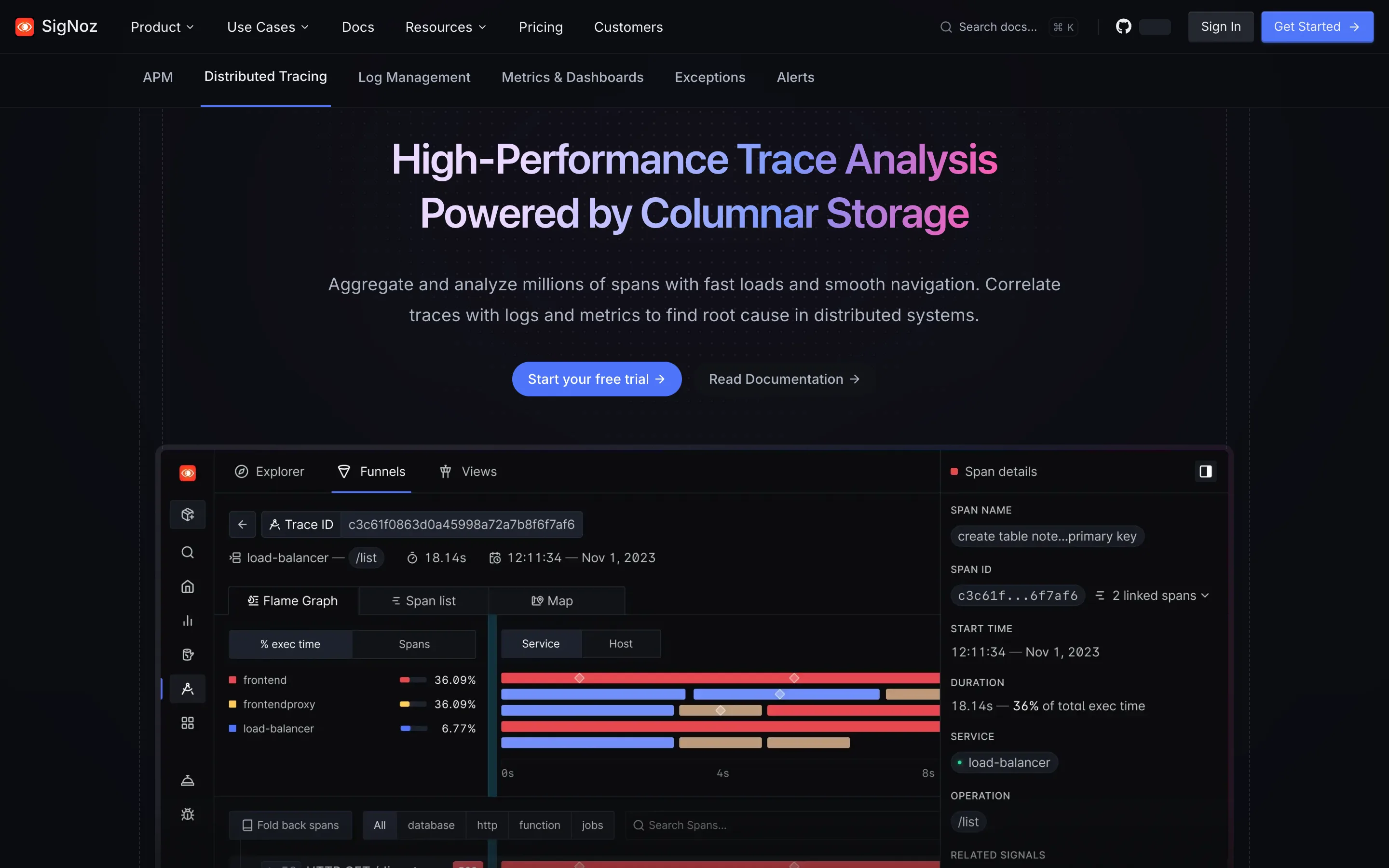 SigNoz distributed tracing page headlined "High-Performance Trace Analysis Powered by Columnar Storage" with a trace flame graph and span details panel