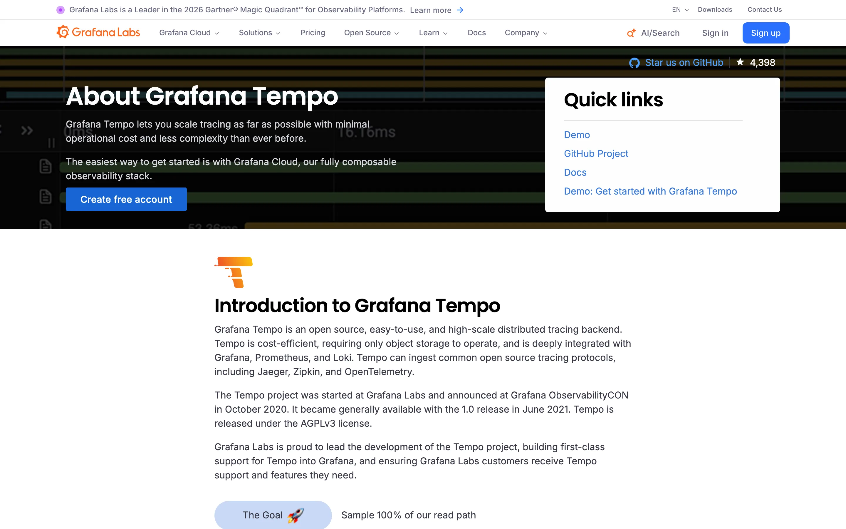Grafana Tempo page titled "About Grafana Tempo" describing it as an open source, high-scale distributed tracing backend released under the AGPLv3 license