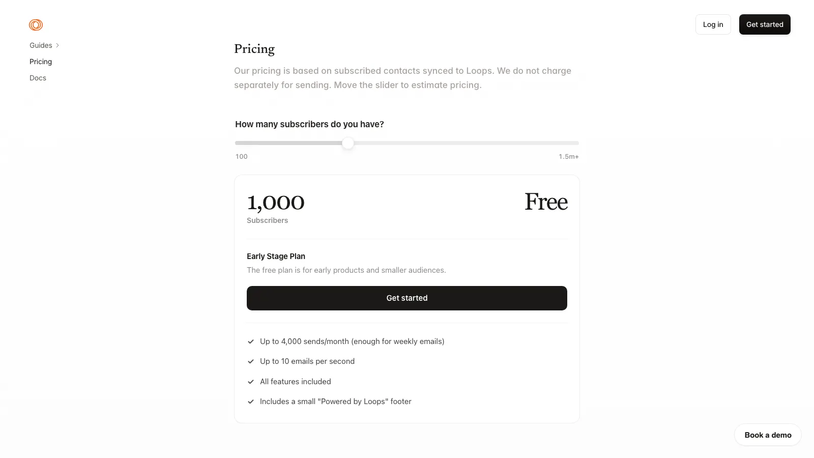 Loops pricing page with a subscriber slider set to 1,000 subscribers showing Free, described as the Early Stage Plan with up to 4,000 sends a month, up to 10 emails per second, all features included and a small Powered by Loops footer
