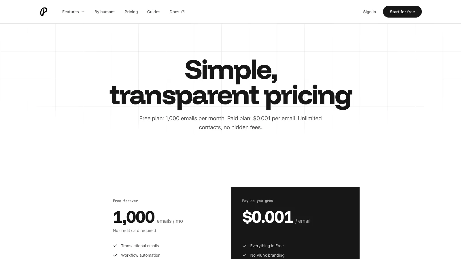 Plunk pricing page headlined Simple, transparent pricing with a free forever plan of 1,000 emails a month and a pay as you grow plan at $0.001 per email with unlimited contacts and no Plunk branding