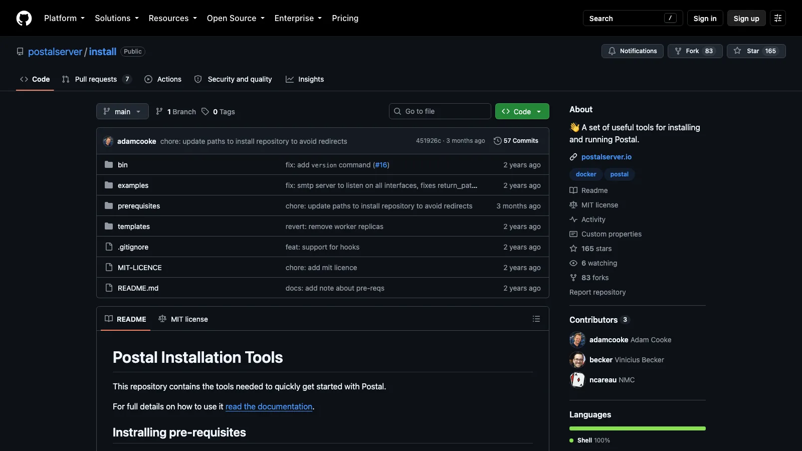 Postal homepage describing a fully featured open source mail delivery platform for incoming and outgoing email, with documentation and GitHub links