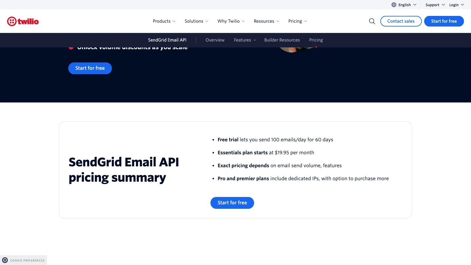 Twilio SendGrid Email API pricing summary box stating the free trial lets you send 100 emails a day for 60 days, the Essentials plan starts at $19.95 per month, exact pricing depends on send volume and features, and Pro and Premier plans include dedicated IPs