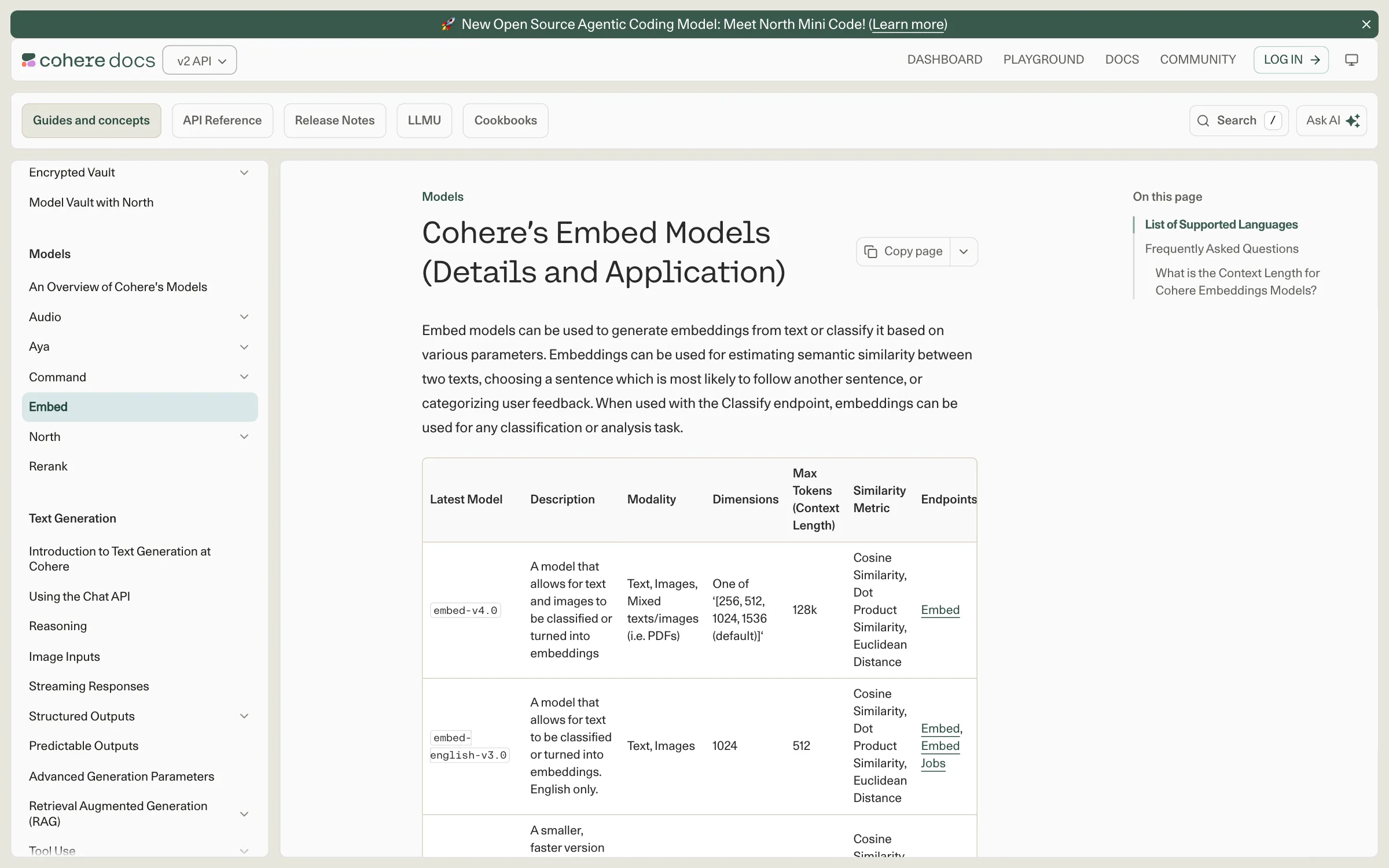 The Cohere Embed v4 documentation showing a 128,000 token context window and flexible output dimensions of 256, 512, 1024, or the 1536 default