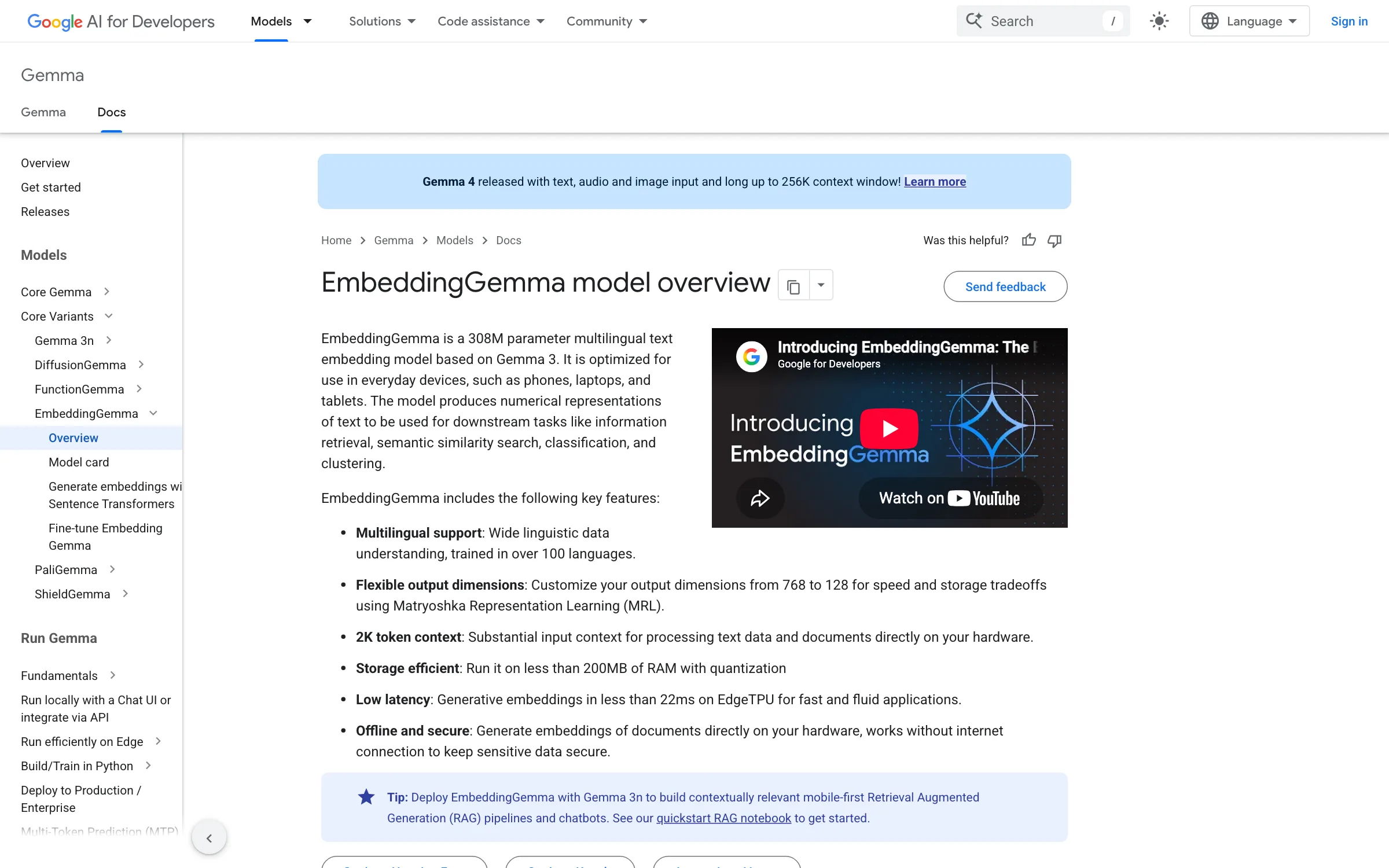 The official Google AI for Developers page for EmbeddingGemma, a 308M parameter multilingual embedding model with Matryoshka output from 768 to 128 dimensions, a 2K token context, and under 200MB of RAM with quantization