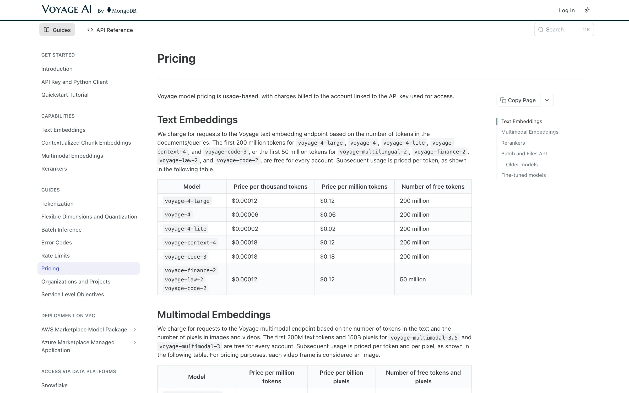 The Voyage AI pricing documentation showing the 4-series text embedding models, from voyage-4-lite at $0.02 per million tokens to voyage-code-3 at $0.18, each with 200 million free tokens