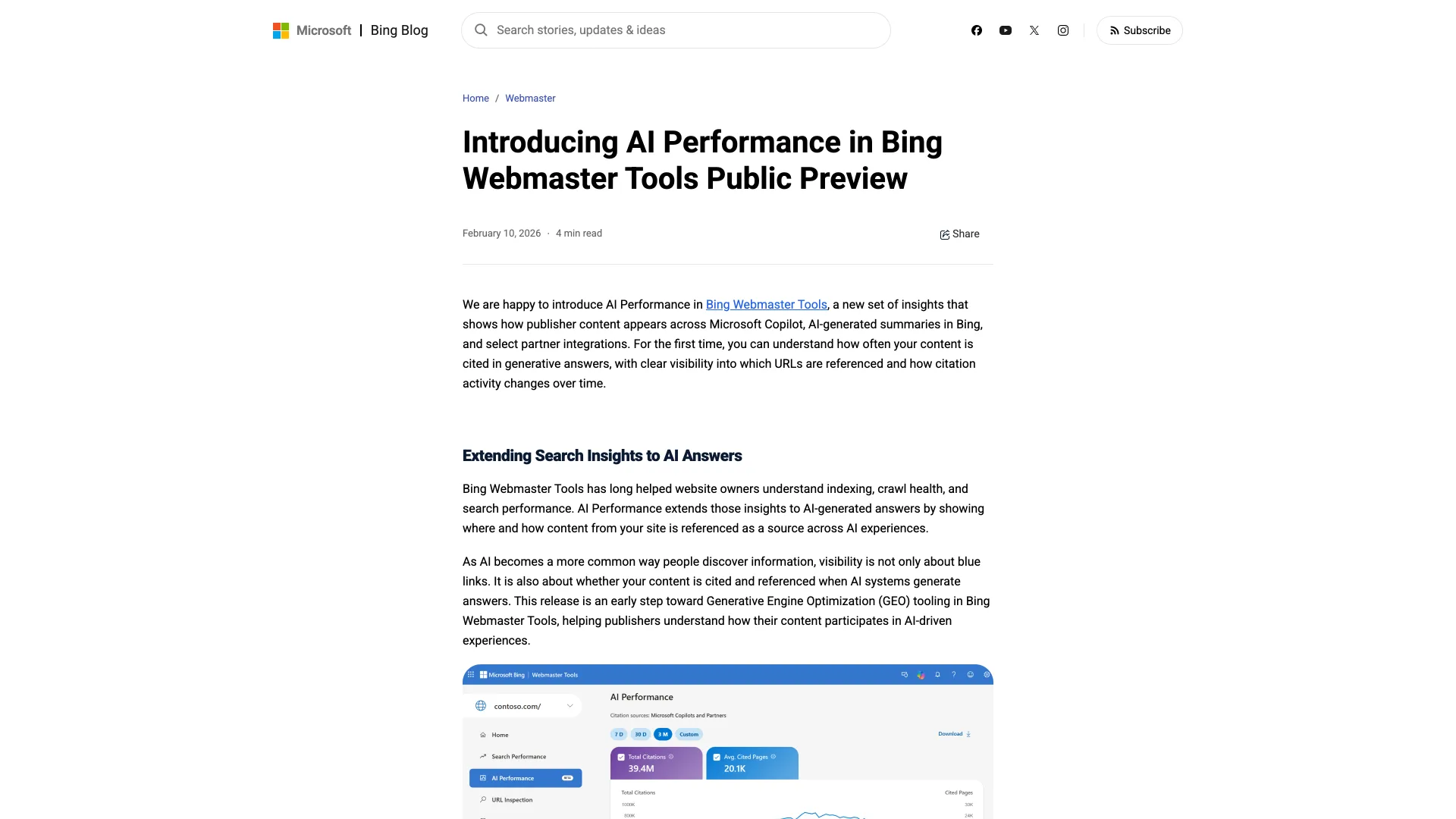 Bing Webmaster Blog post introducing AI Performance, with a citations dashboard