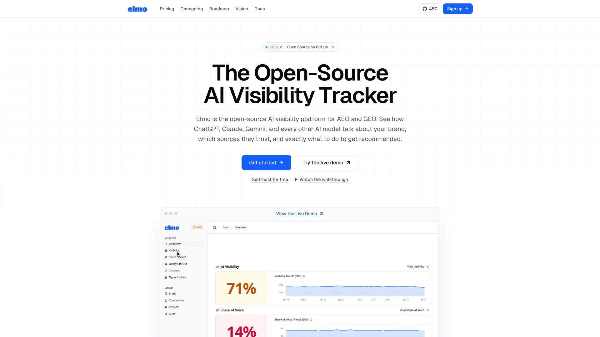 Elmo homepage reading The Open-Source AI Visibility Tracker, with a v0.5.2 badge
