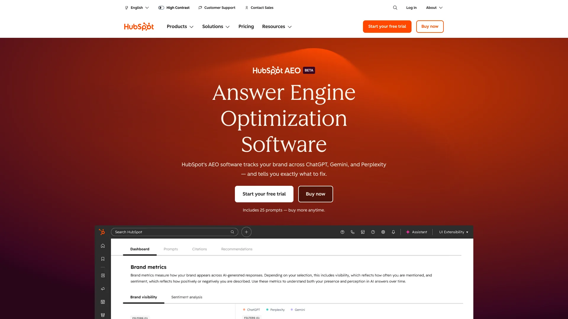 HubSpot AEO product page with a dashboard tracking ChatGPT, Perplexity and Gemini