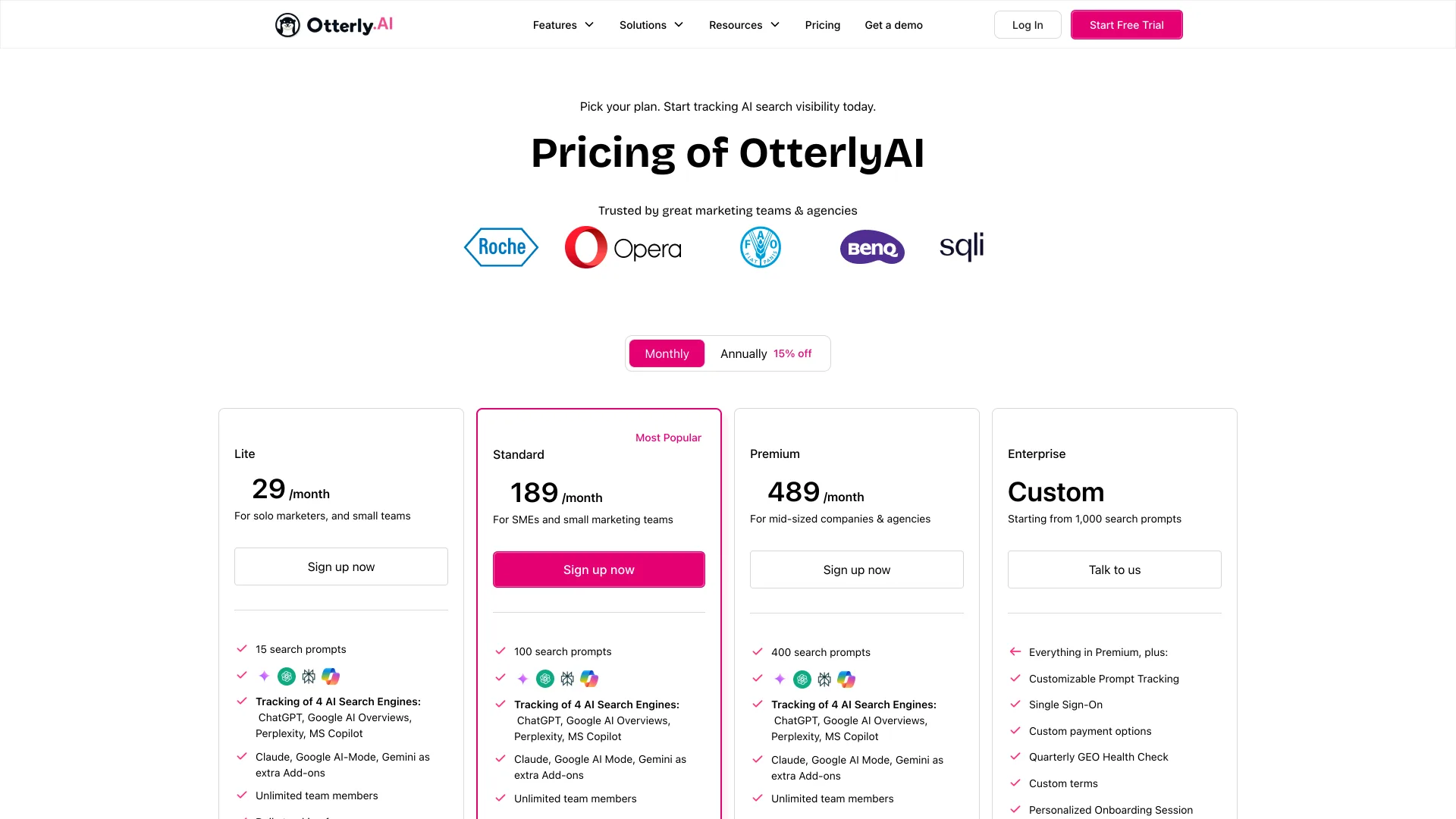 OtterlyAI pricing page showing Lite at $29, Standard at $189 and Premium at $489 a month