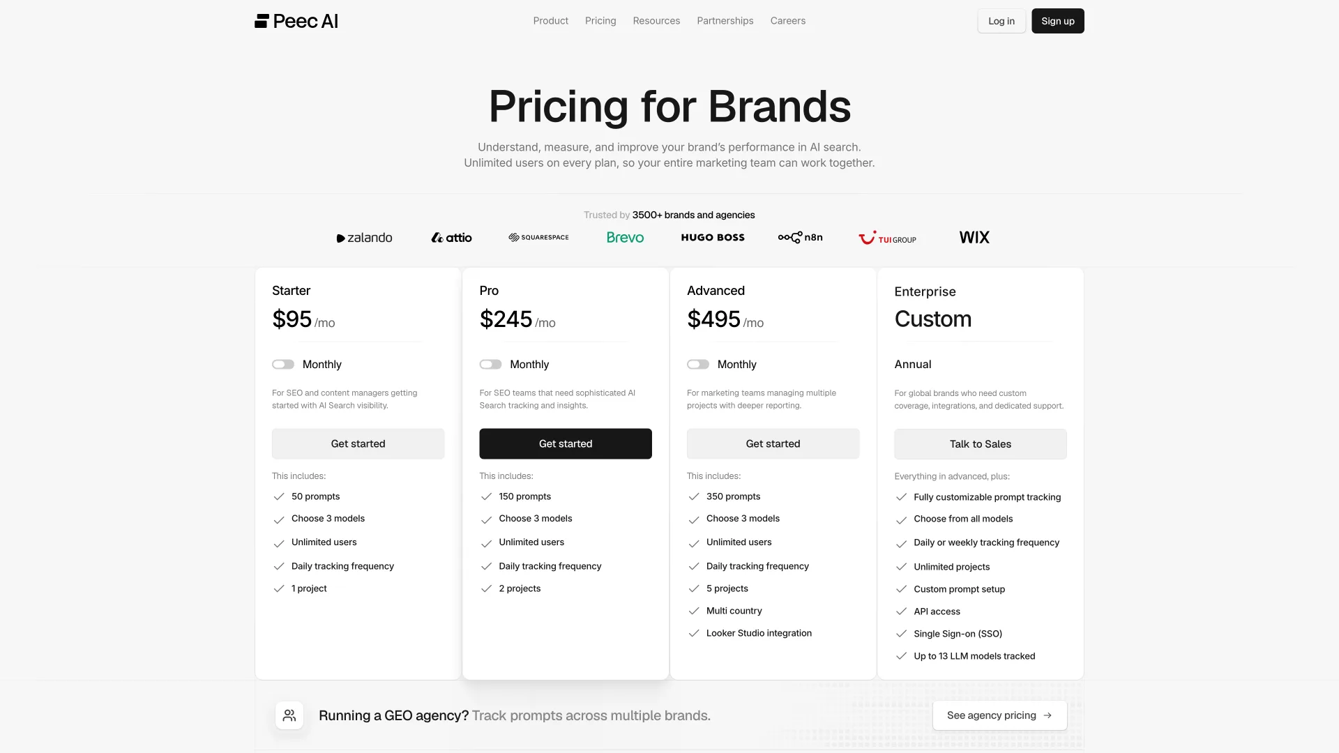 Peec AI pricing page showing Starter $95, Pro $245 and Advanced $495 a month