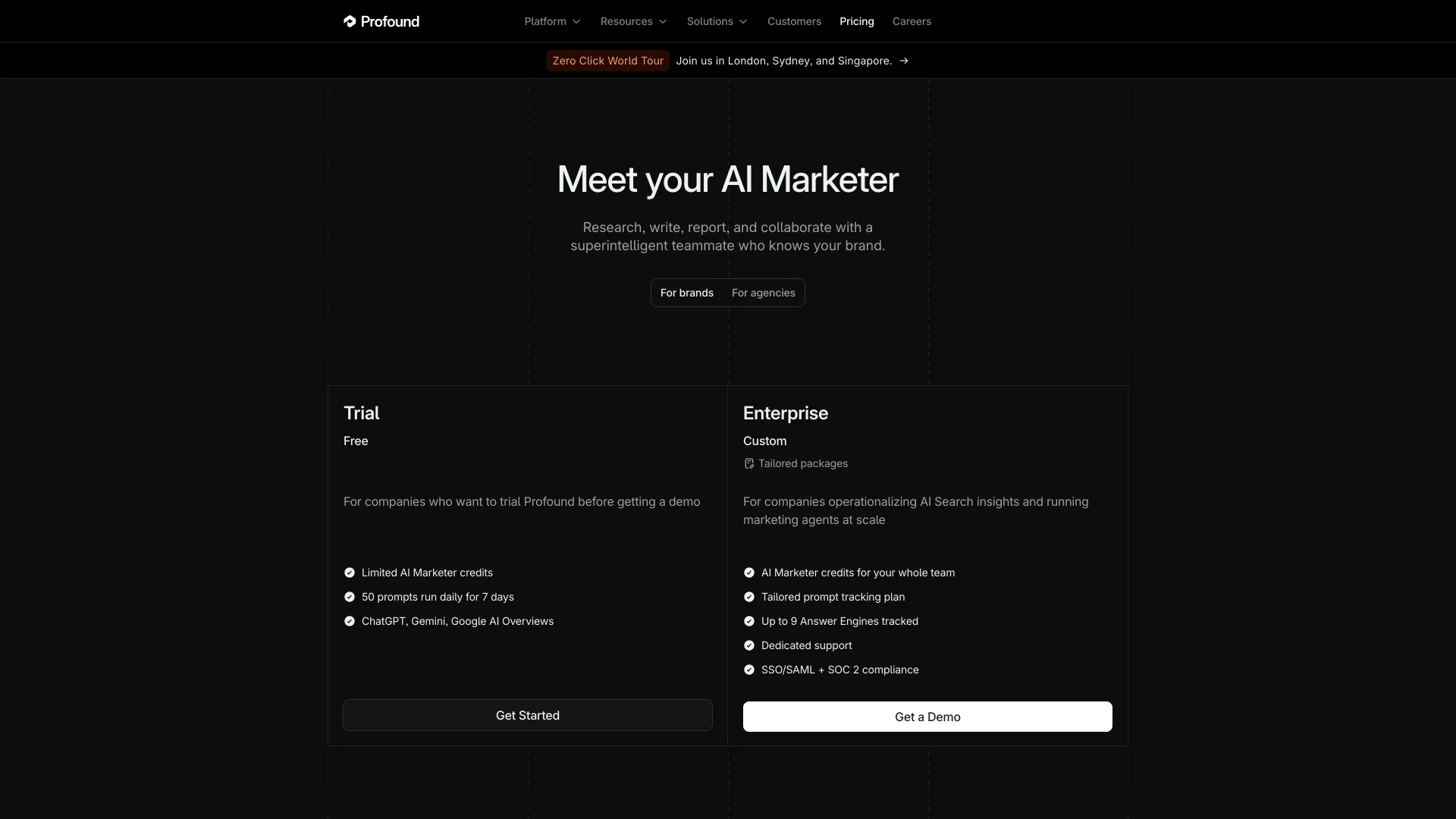 Profound pricing for brands: a free 7-day Trial and a custom Enterprise plan
