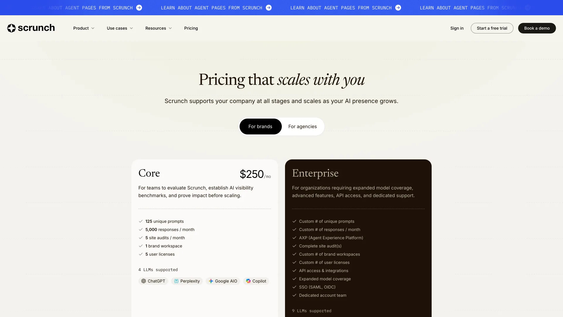 Scrunch pricing page showing Core at $250 a month with 125 prompts