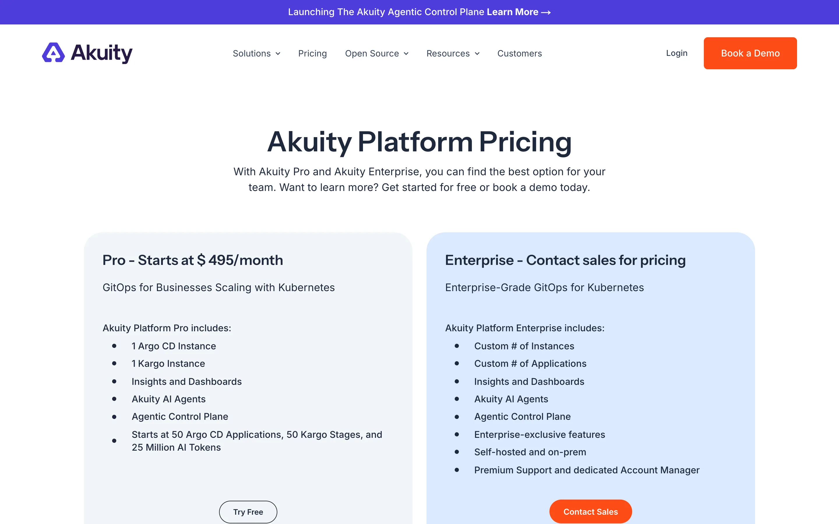 The Akuity Platform Pricing page showing Pro starting at $495 per month including one Argo CD instance and one Kargo instance, next to a contact-sales Enterprise tier