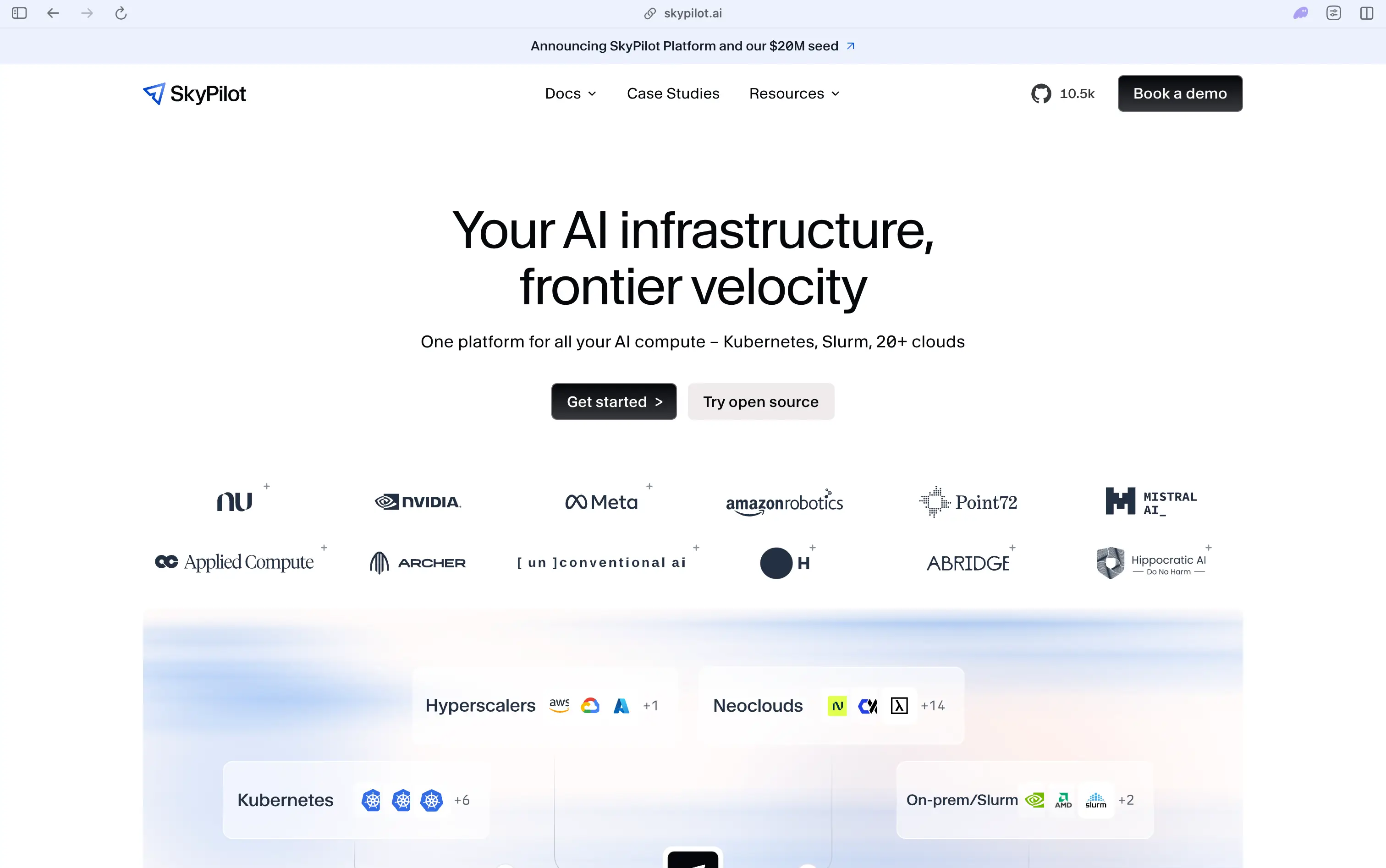 SkyPilot GitHub repository page showing 10.5k stars, 1.2k forks, an Apache-2.0 license, a commit from 4 hours ago, and repository topics including multicloud, spot-instances, cost-optimization, gpu, and llm-training