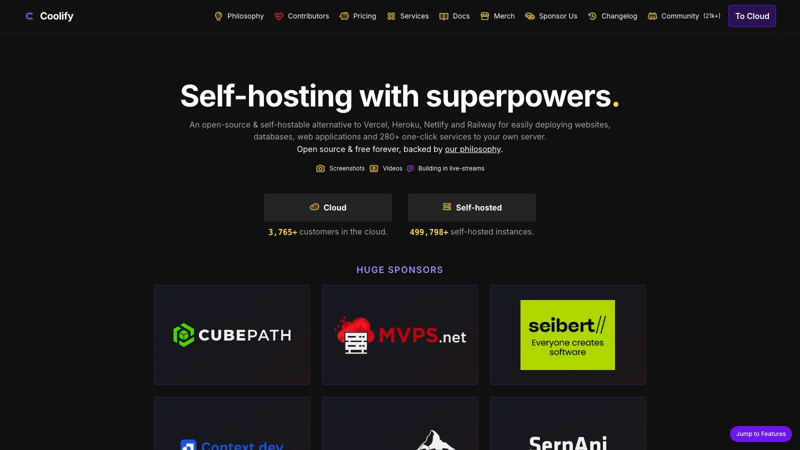 Coolify homepage headlined "Self-hosting with superpowers." with counters reading "3,765+ customers in the cloud" and "499,798+ self-hosted instances"