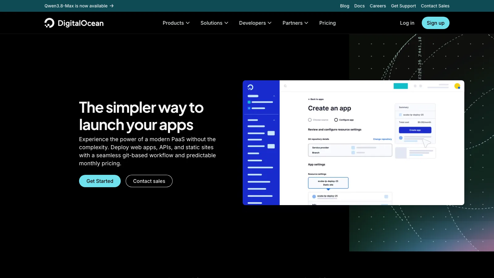 DigitalOcean App Platform page headlined "The simpler way to launch your apps", showing the Create an app wizard with resource settings and a Summary panel reading "Total cost $0.00/month"