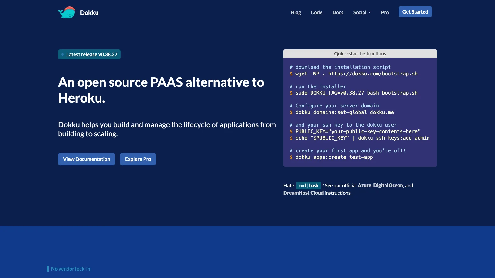 Dokku homepage badged "Latest release v0.38.27" and headlined "An open source PAAS alternative to Heroku.", beside a Quick-start Instructions terminal block