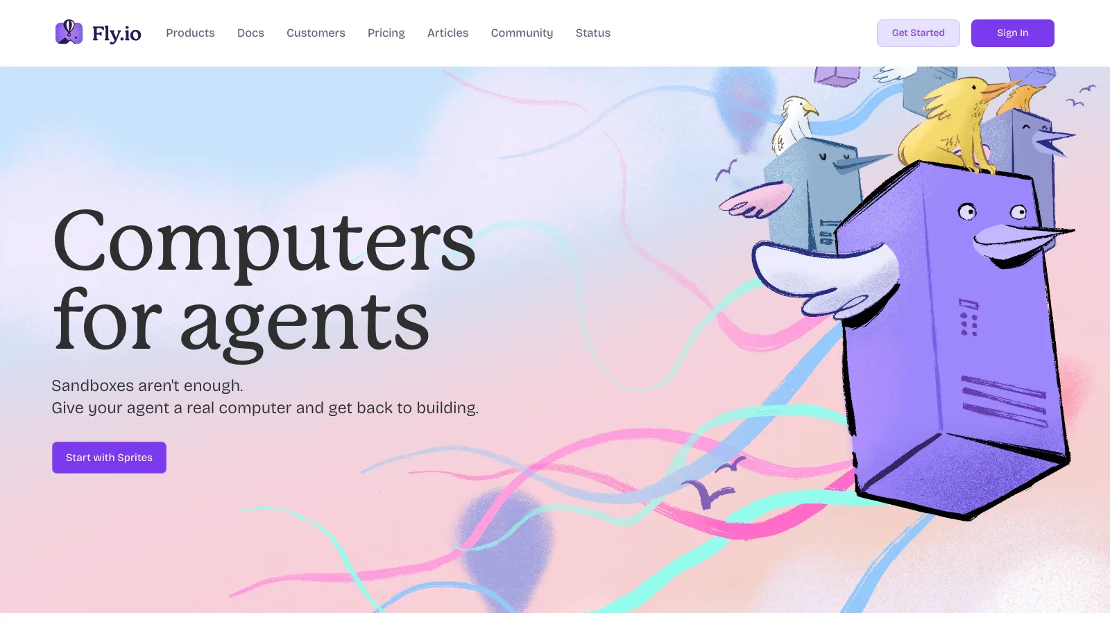 Fly.io homepage with a hand-drawn illustration of winged computer towers, headlined "Computers for agents" with the subhead "Sandboxes aren't enough. Give your agent a real computer."