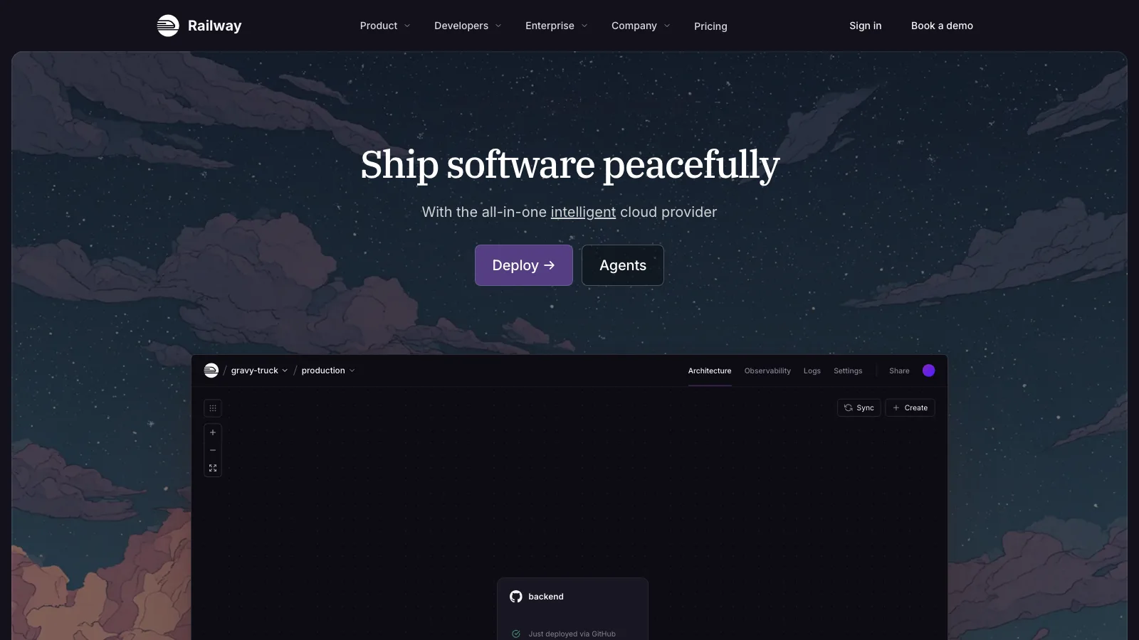 Railway homepage headline "Ship software peacefully" over a dark starfield, above a project canvas titled "gravy-truck / production" with a backend node reading "Just deployed via GitHub"