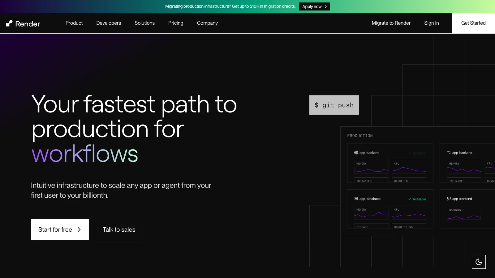 Render homepage headline "Your fastest path to production for workflows" above a production dashboard of app-backend, app-database and app-frontend cards, with a top banner offering $10K in migration credits