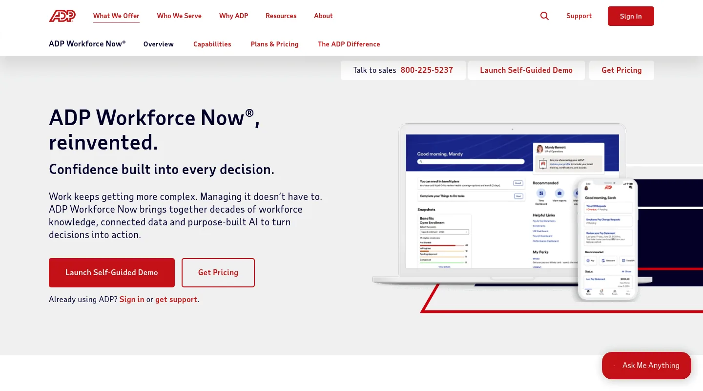 The ADP Workforce Now page headlined "ADP Workforce Now, reinvented.", with Launch Self-Guided Demo and Get Pricing buttons beside desktop and mobile app screens