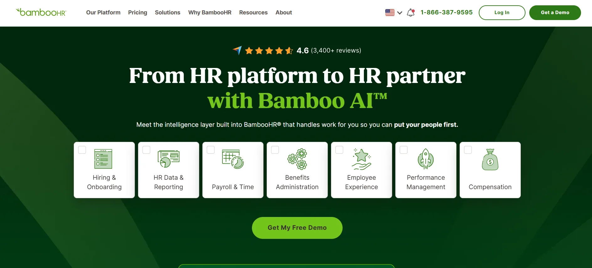 The BambooHR home page headlined "From HR platform to HR partner with Bamboo AI", with feature tiles for hiring, payroll, benefits and performance above a Get My Free Demo button