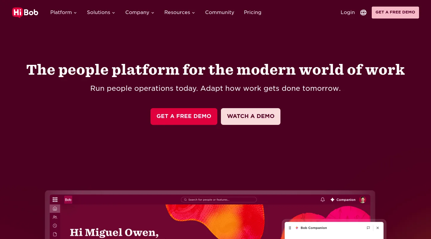 The HiBob home page headlined "The people platform for the modern world of work", with Get a free demo and Watch a demo buttons above a preview of the Bob app