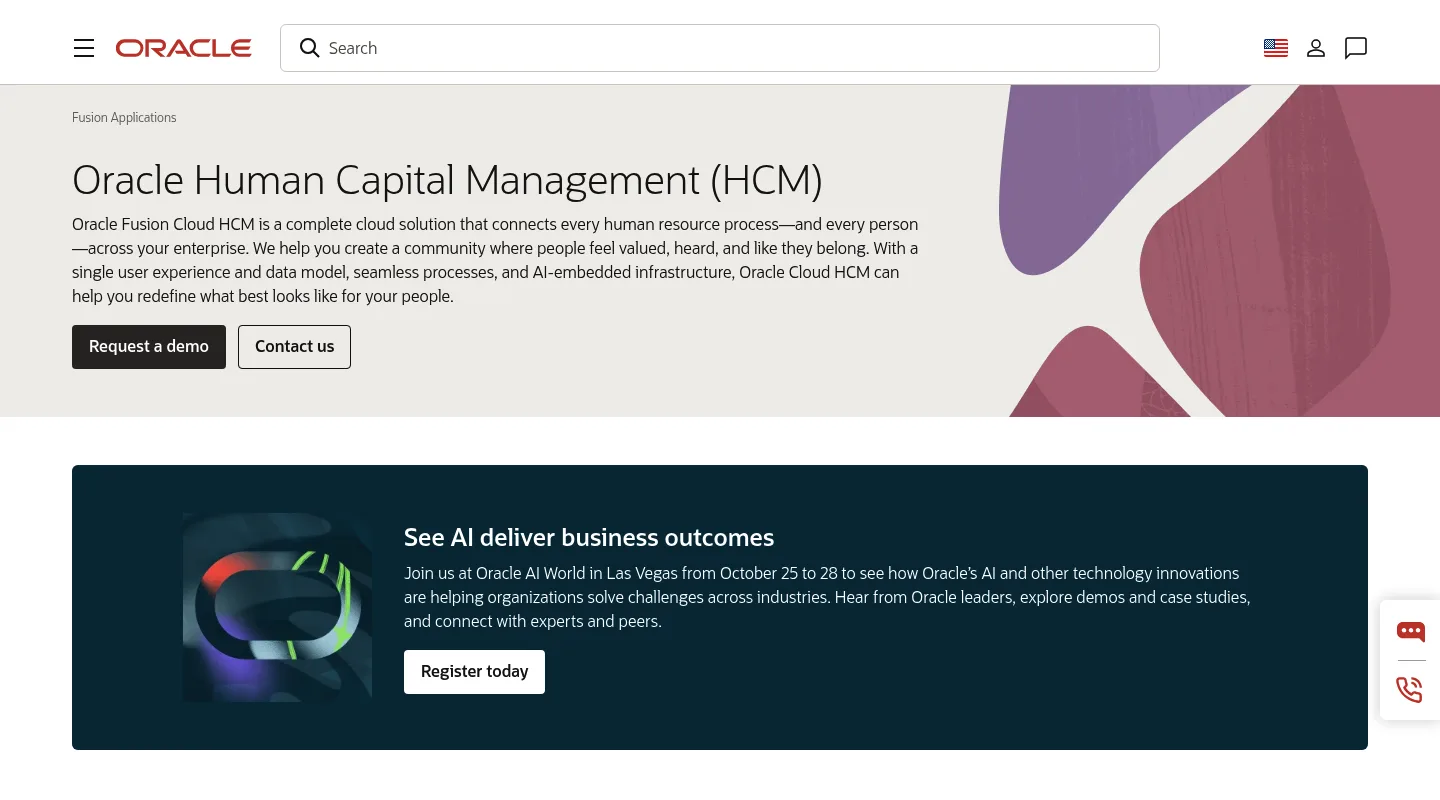 The Oracle Human Capital Management (HCM) page describing Oracle Fusion Cloud HCM, with Request a demo and Contact us buttons