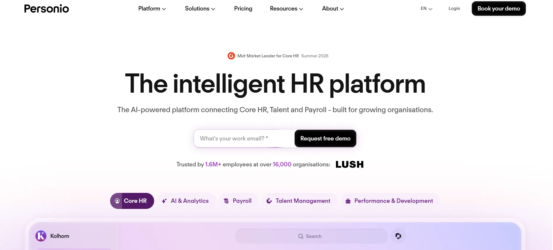 The Personio home page headlined "The intelligent HR platform", with a work email field and a Request free demo button above tabs for Core HR, Payroll and Talent Management