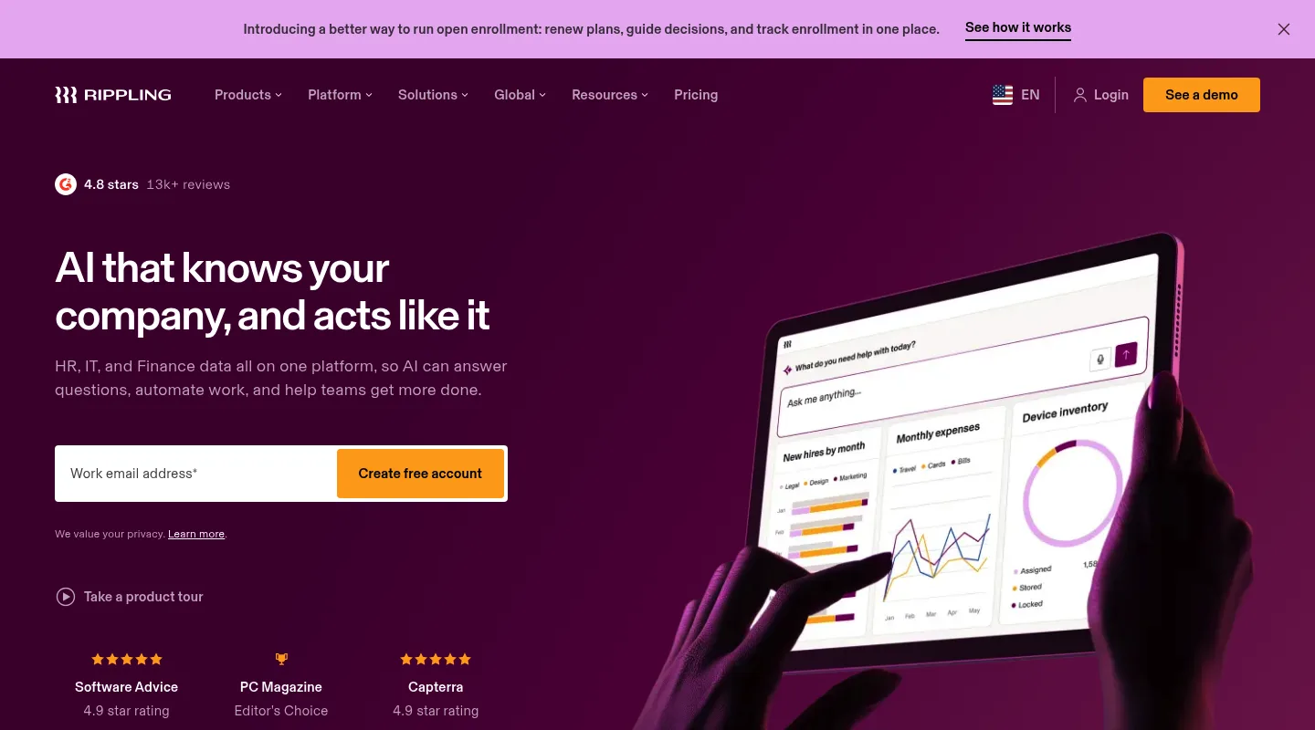 The Rippling home page headlined "AI that knows your company, and acts like it", with a Create free account button and a tablet showing HR, finance and device dashboards