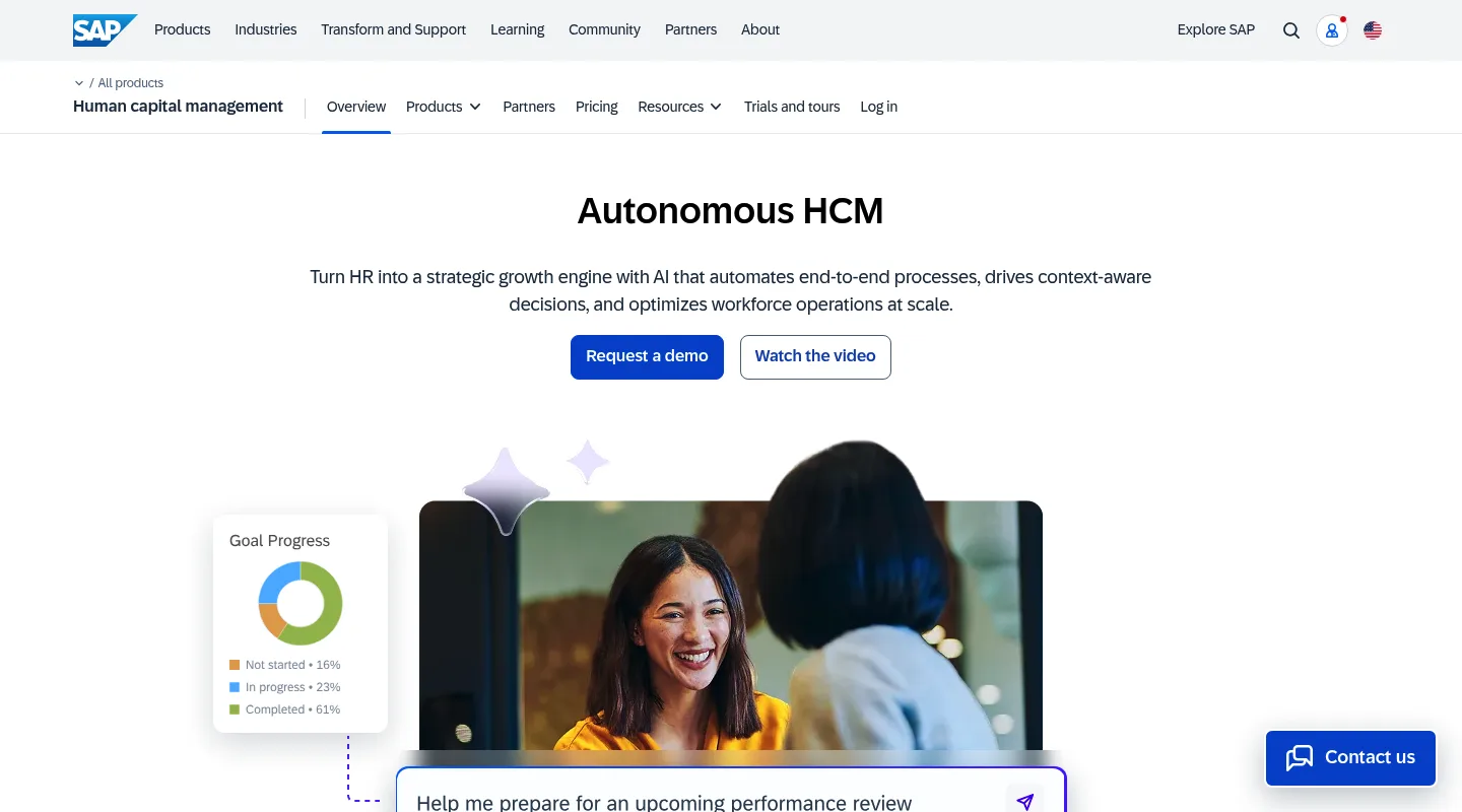 The SAP SuccessFactors human capital management page headlined "Autonomous HCM", with Request a demo and Watch the video buttons above a goal progress widget
