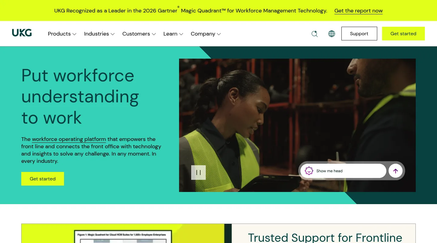The UKG home page headlined "Put workforce understanding to work", with a Get started button beside a photo of frontline warehouse workers