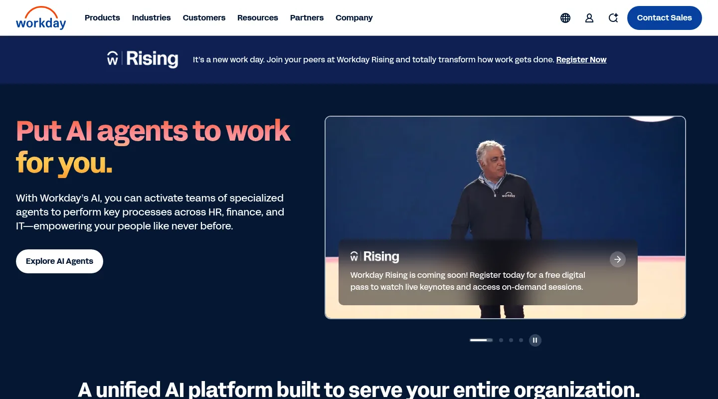 The Workday home page headlined "Put AI agents to work for you", with an Explore AI Agents button beside a Workday Rising event video