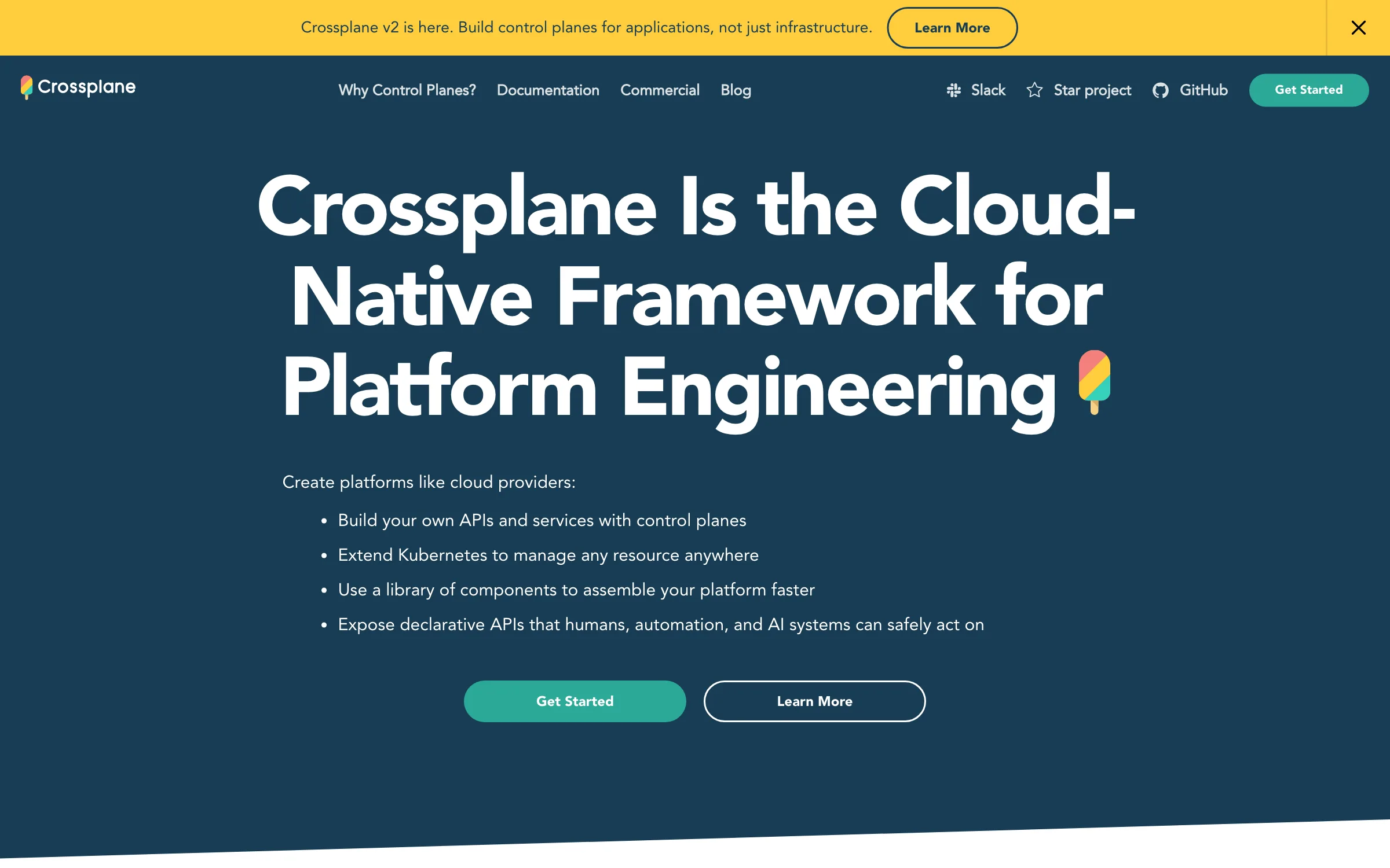 The Crossplane homepage describing it as the cloud native control plane framework for building platforms on Kubernetes