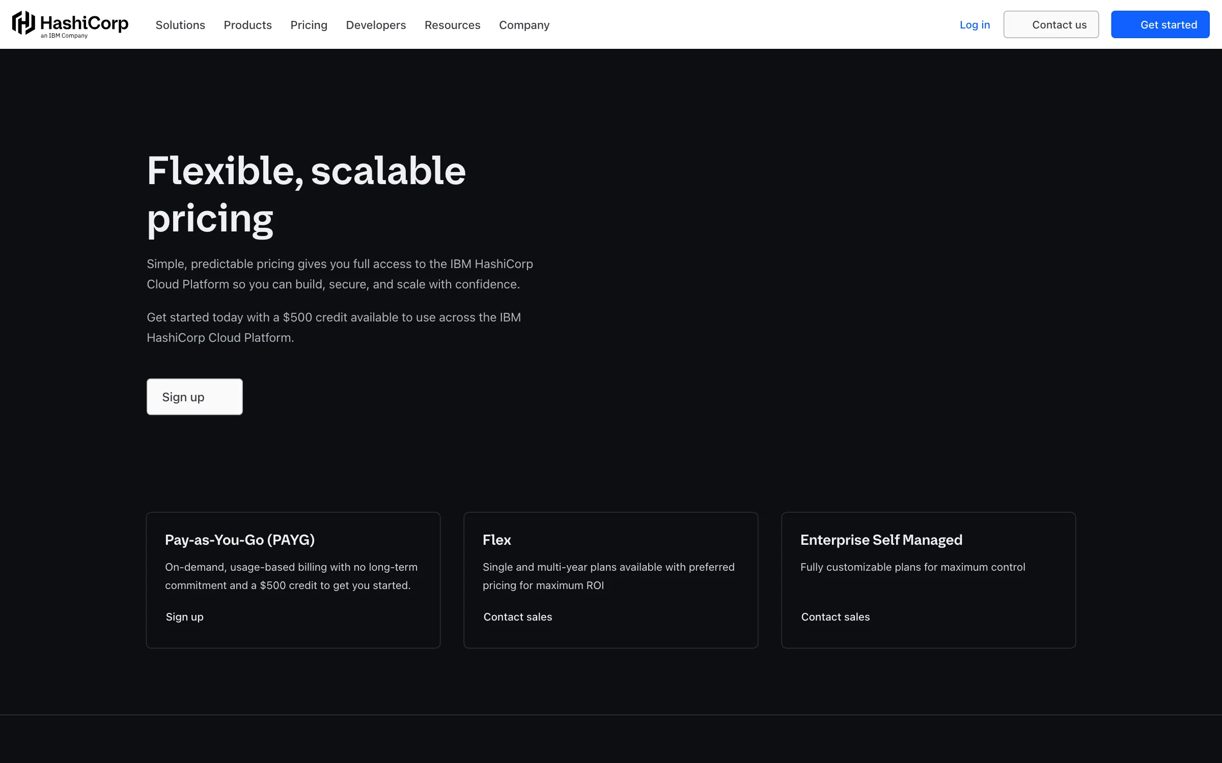 The HashiCorp pricing page for Terraform under IBM, showing pay-as-you-go, Flex and Enterprise Self Managed options with a $500 platform credit
