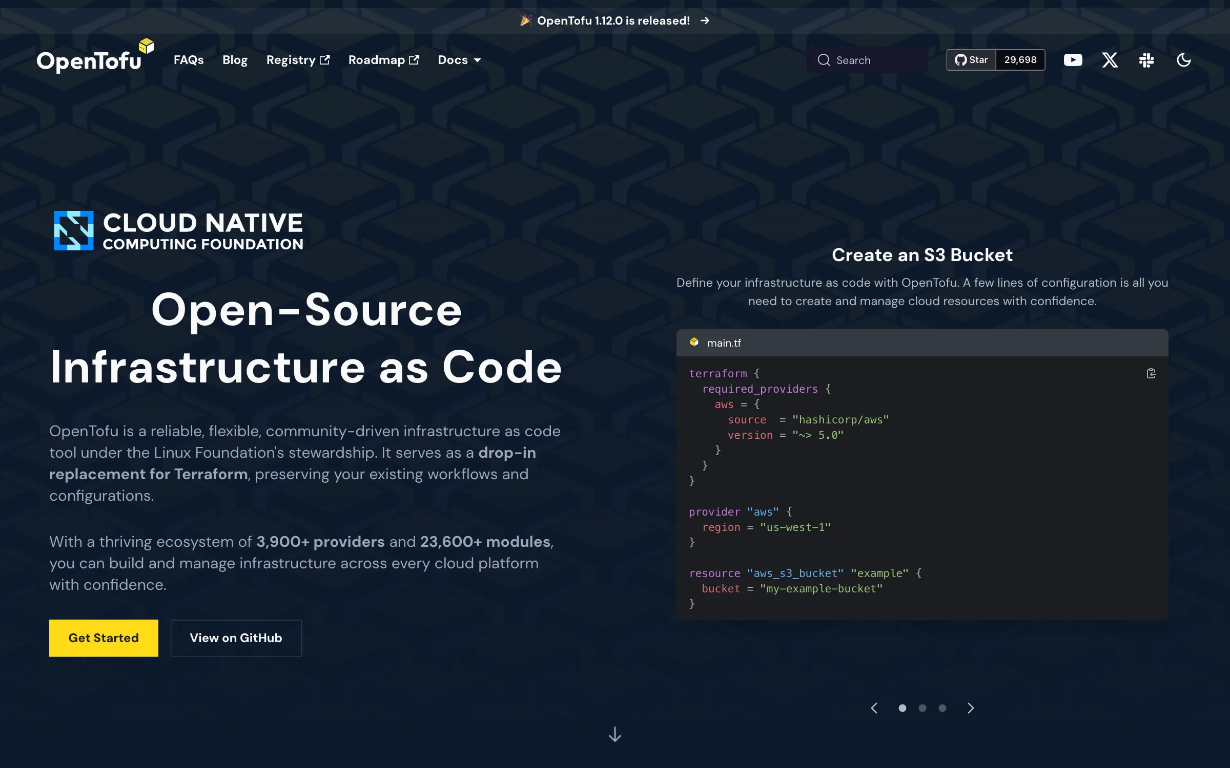 The OpenTofu homepage announcing the 1.12.0 release, describing OpenTofu as open source infrastructure as code under the Linux Foundation and a drop-in replacement for Terraform, with 3,900+ providers and 23,600+ modules
