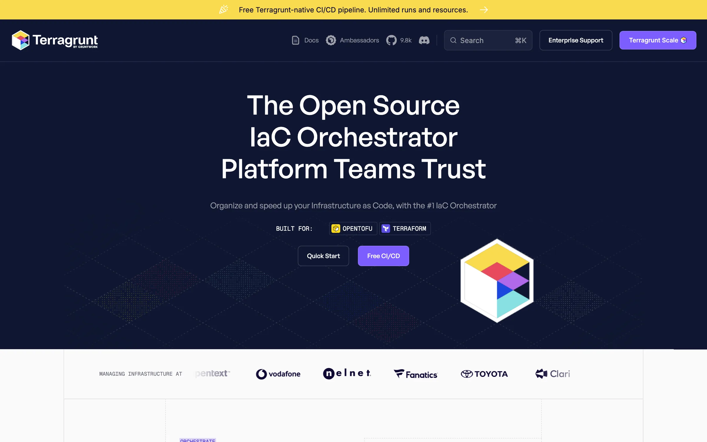 The Terragrunt homepage from Gruntwork, describing Terragrunt as a flexible orchestration tool for OpenTofu and Terraform at scale