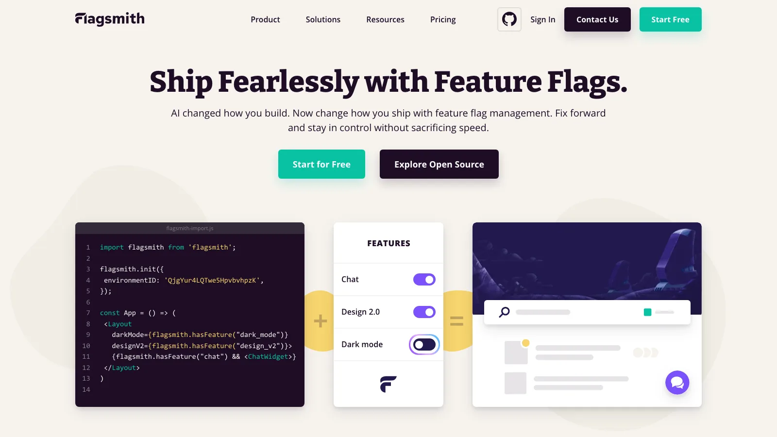 Flagsmith homepage headlined "Ship Fearlessly with Feature Flags." showing a code snippet initializing the SDK next to a features panel with toggled flags for chat, design 2.0, and dark mode