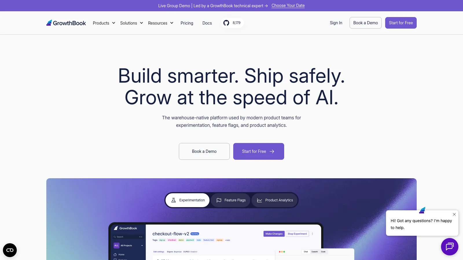 GrowthBook homepage headlined "Build smarter. Ship safely. Grow at the speed of AI." with tabs for Experimentation, Feature Flags, and Product Analytics above a checkout-flow-v2 experiment dashboard showing a running status and a Stop Experiment button