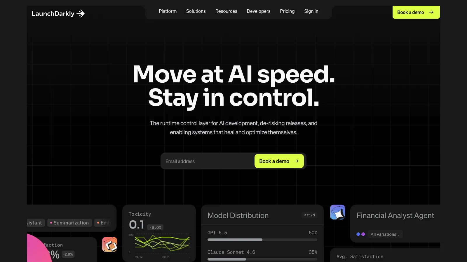 LaunchDarkly homepage headlined "Move at AI speed. Stay in control." with the subhead "The runtime control layer for AI development, de-risking releases, and enabling systems that heal and optimize themselves," above dashboard panels for model distribution and toxicity monitoring