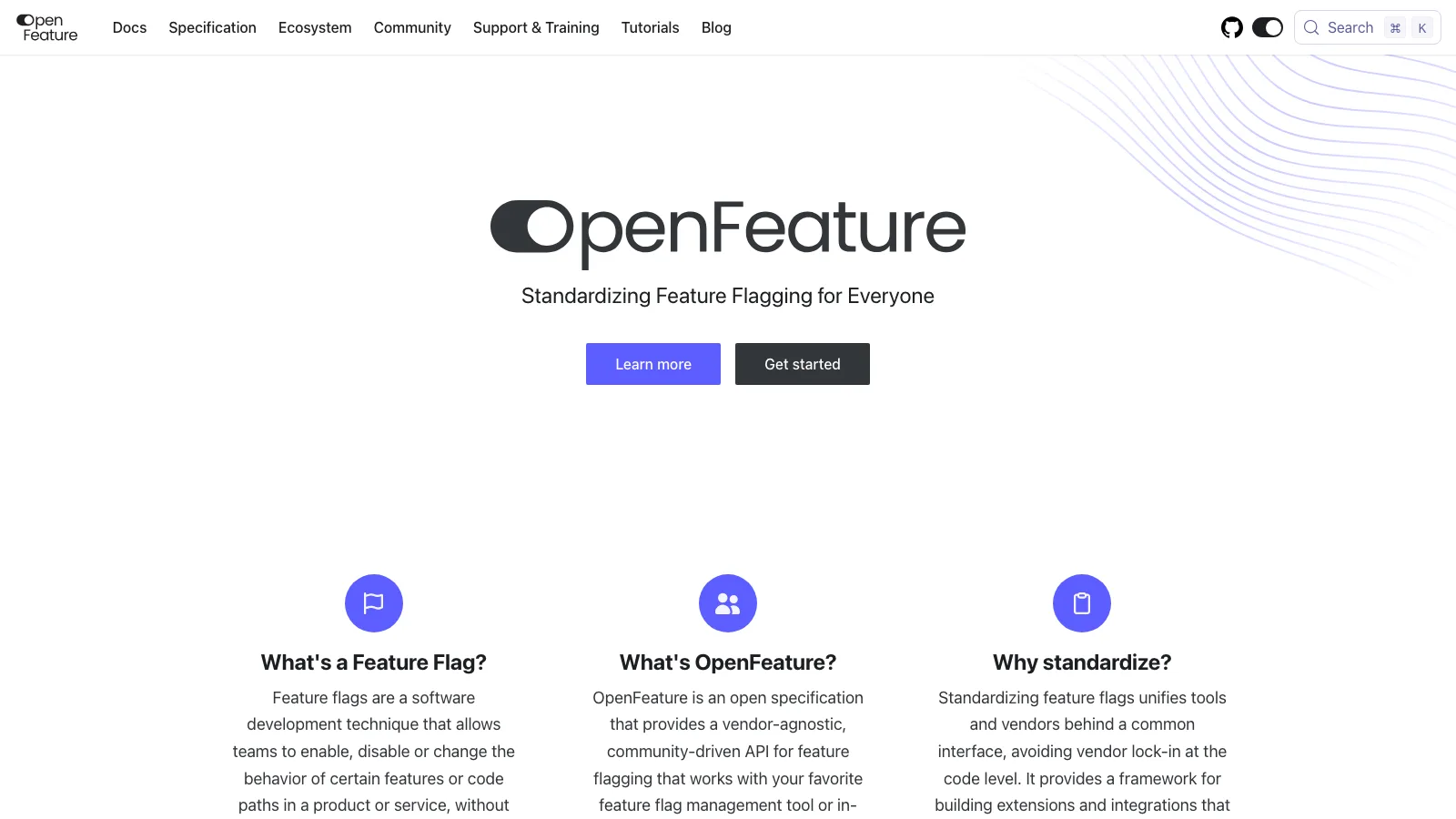 OpenFeature homepage headlined "Standardizing Feature Flagging for Everyone" with three panels explaining what a feature flag is, what OpenFeature is, and why standardizing matters