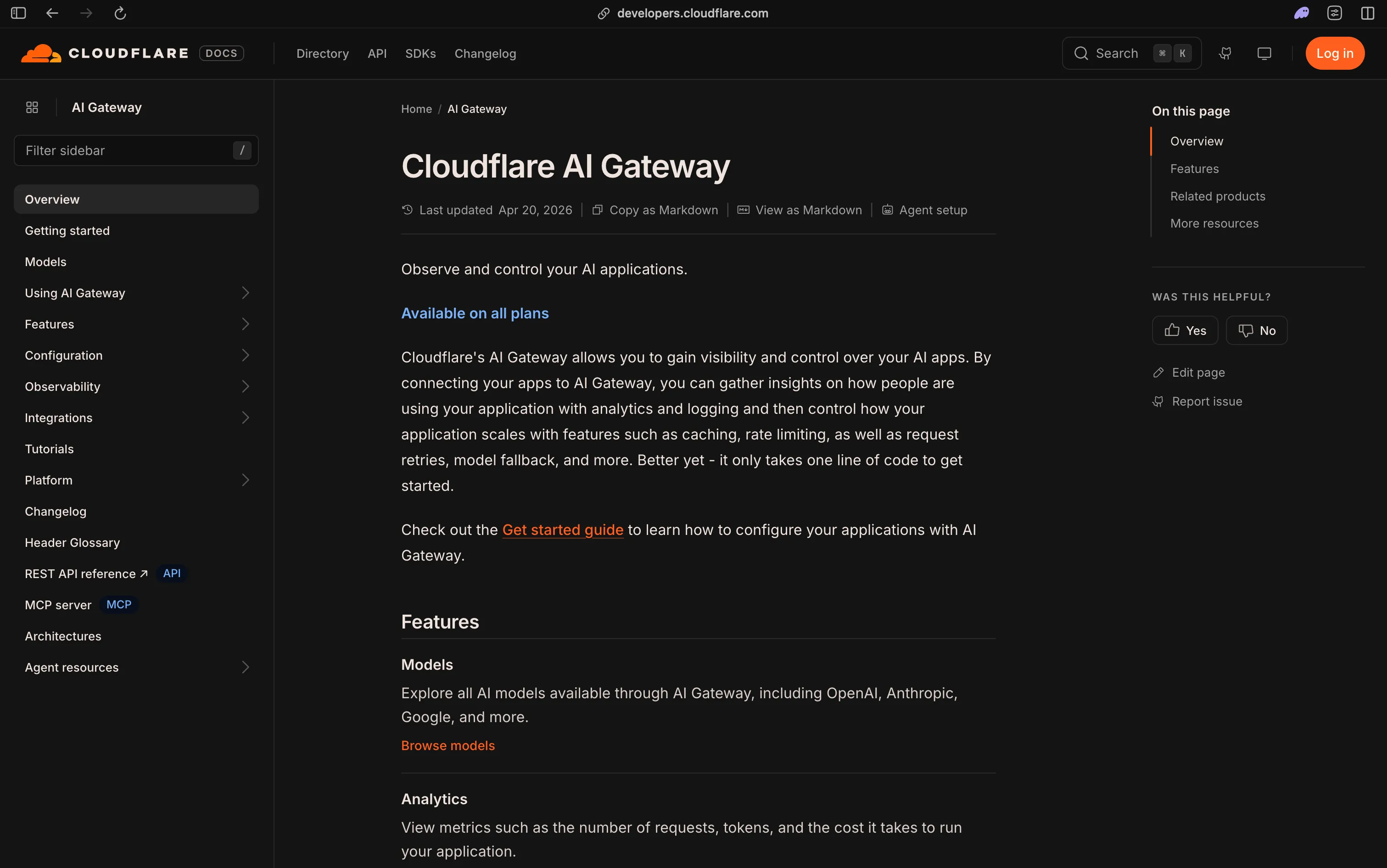 Cloudflare AI Gateway documentation, observe and control your AI applications, available on all plans