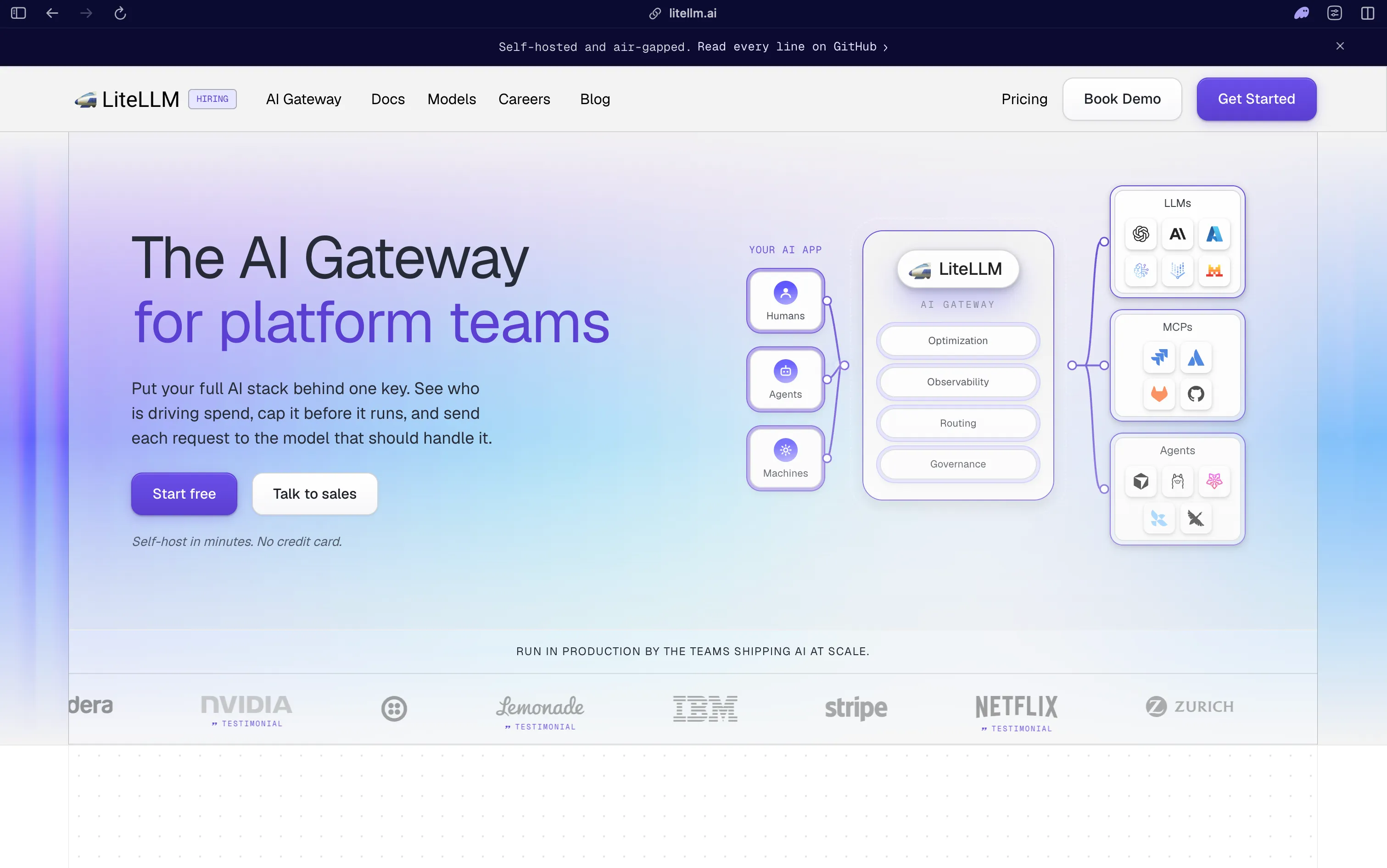 LiteLLM AI gateway for platform teams, routing humans, agents, and machines to LLMs, MCPs, and other agents