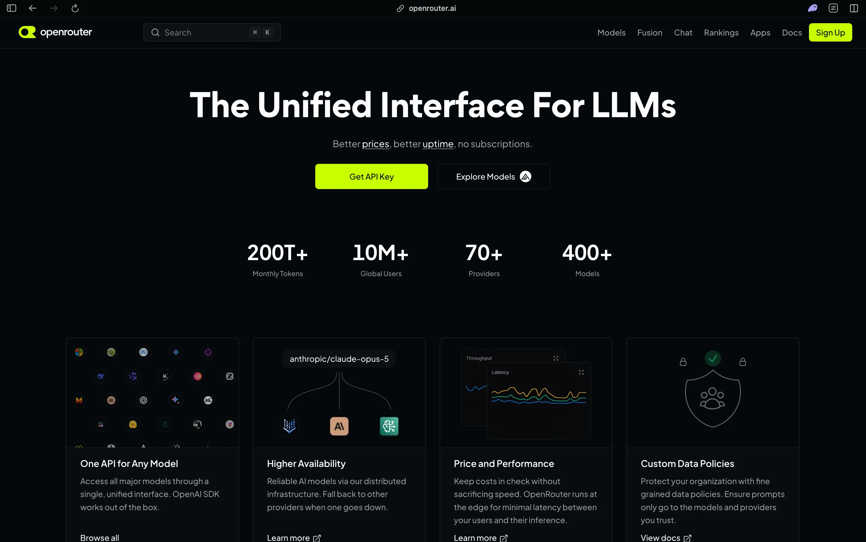 OpenRouter unified interface for LLMs, showing 400+ models, 70+ providers, 10M+ users, 200T+ monthly tokens