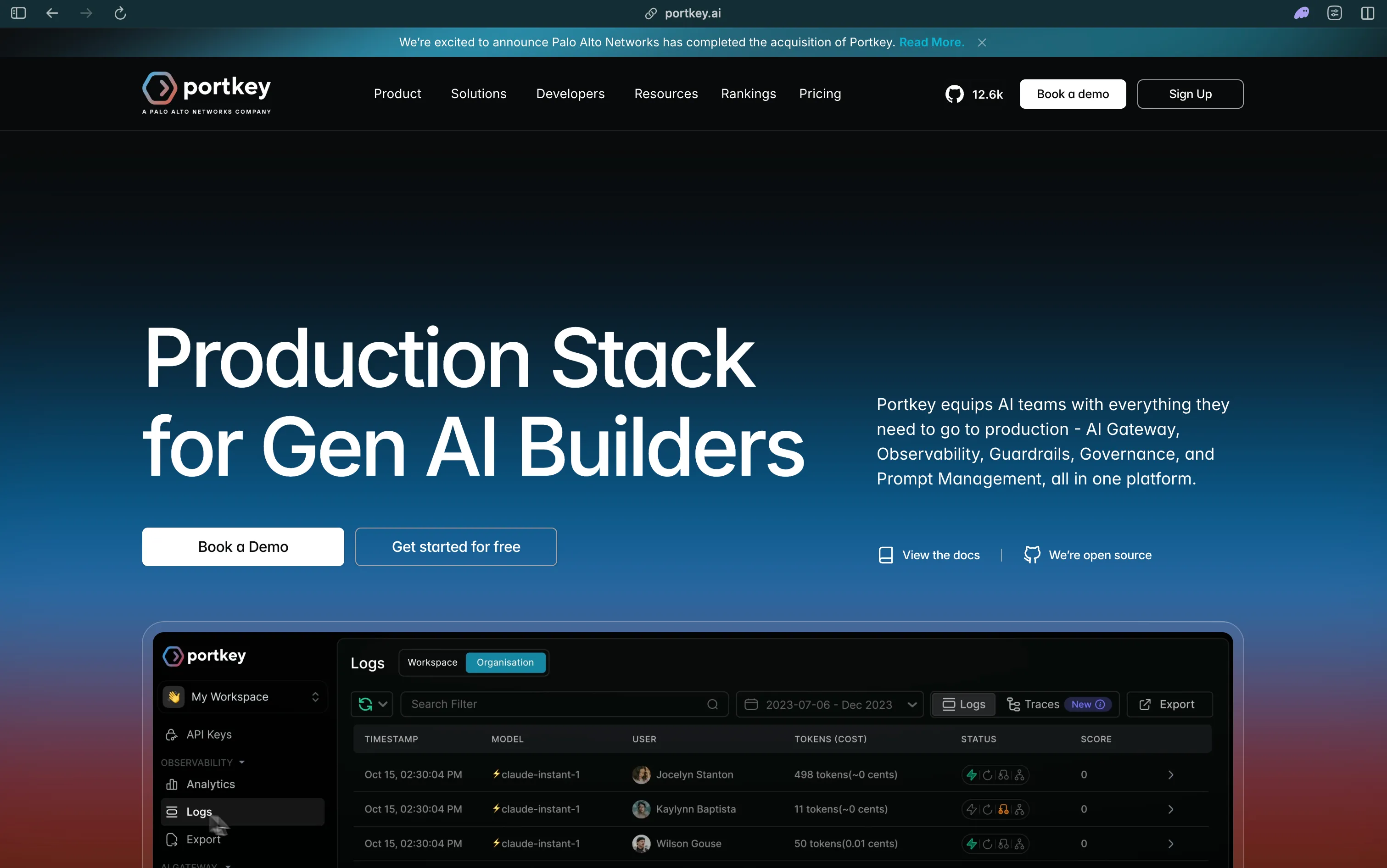 Portkey production stack for gen AI builders, now labeled as a Palo Alto Networks company